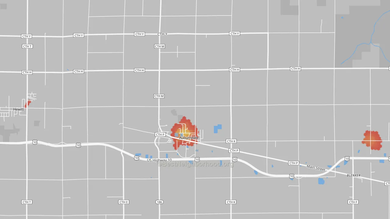 Walk Grade map of Auburndale, WI, walkable areas in green and car-dependent areas in red