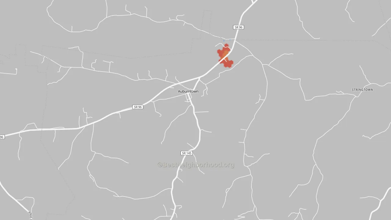 Walk Grade map of Auburntown, TN, walkable areas in green and car-dependent areas in red