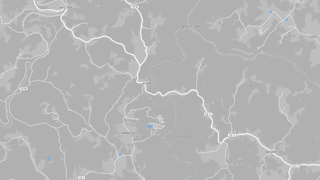 Walk Grade map of Audra, WV, walkable areas in green and car-dependent areas in red