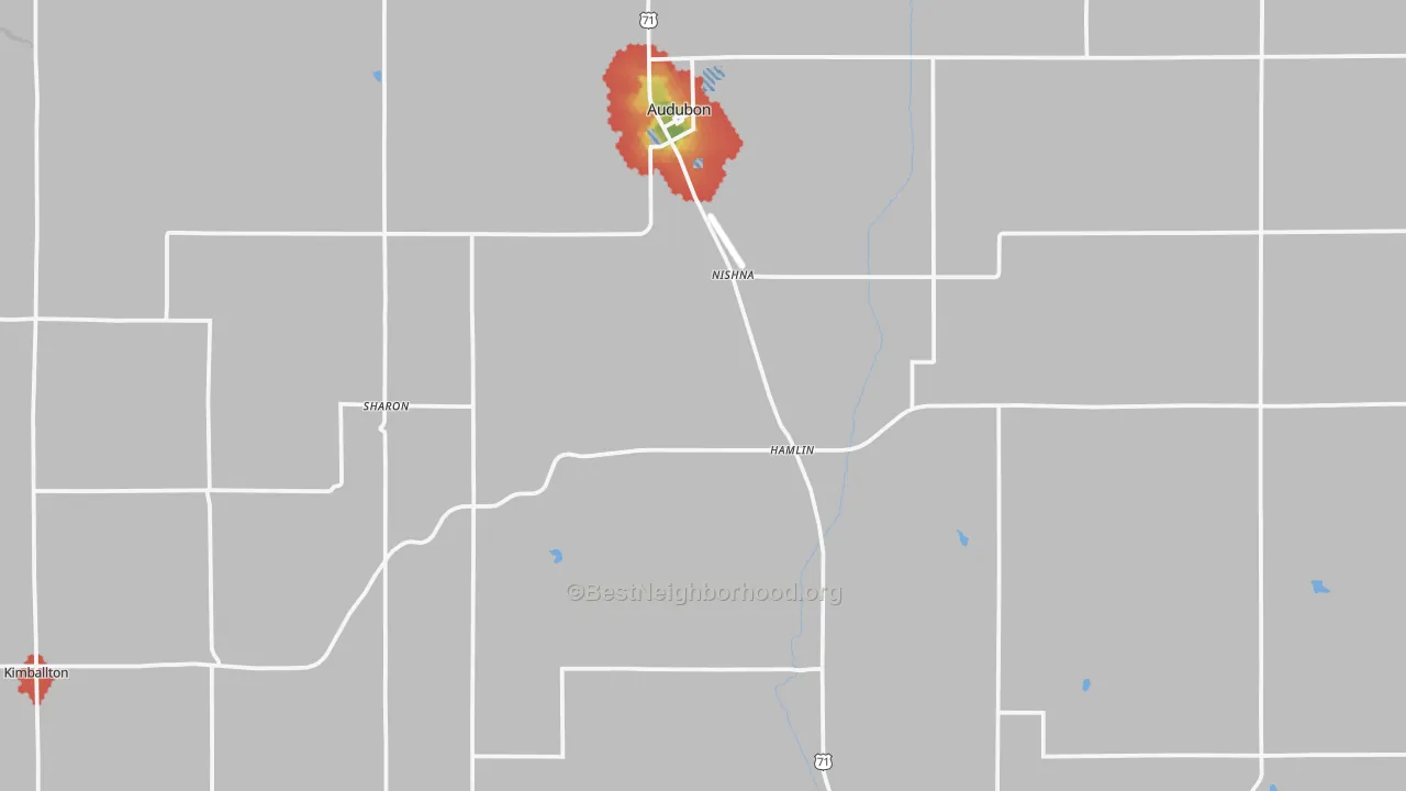 Walk Grade map of Audubon County, IA, walkable areas in green and car-dependent areas in red