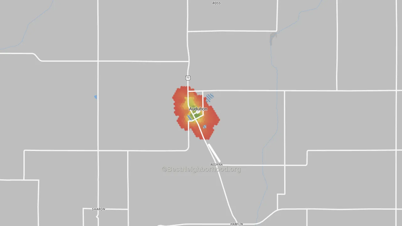 Walk Grade map of Audubon, IA, walkable areas in green and car-dependent areas in red