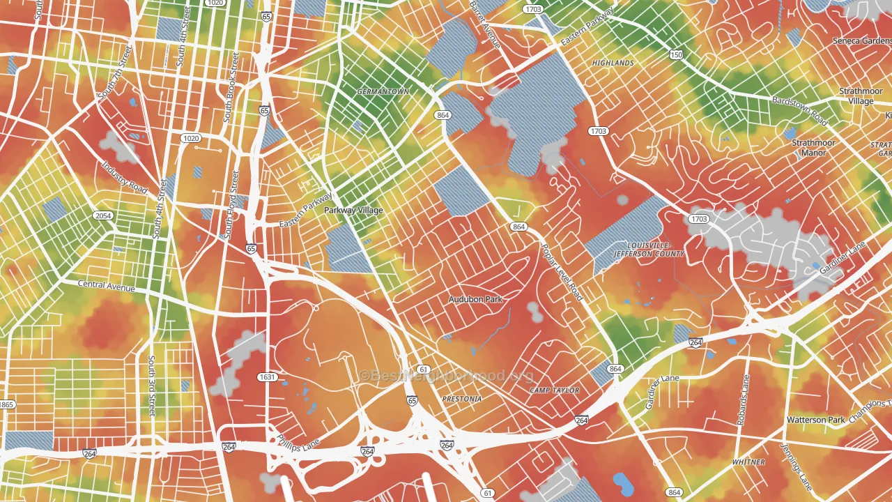 Walk Grade map of Audubon, Louisville, KY, walkable areas in green and car-dependent areas in red