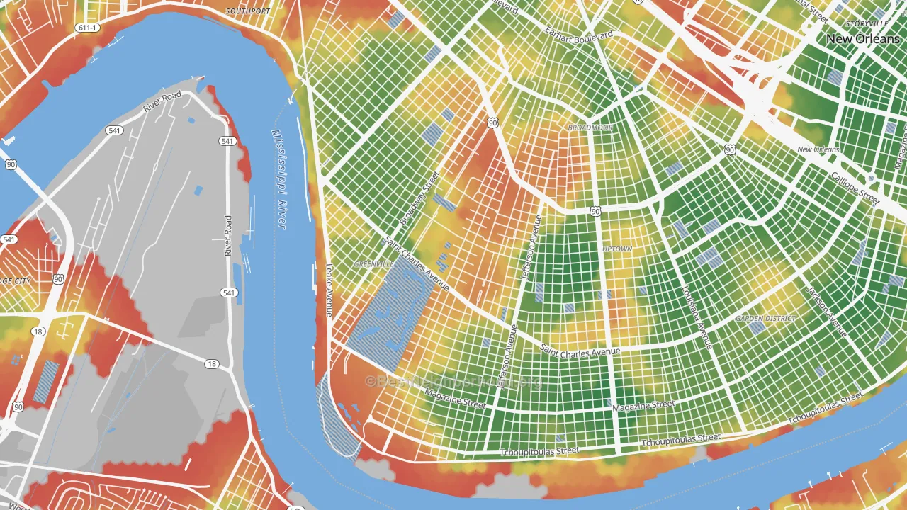 Walk Grade map of Audubon, New Orleans, LA, walkable areas in green and car-dependent areas in red