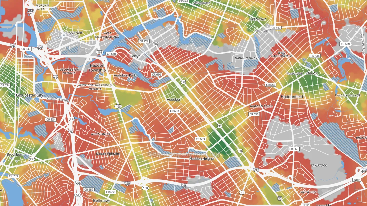 Walk Grade map of Audubon, NJ, walkable areas in green and car-dependent areas in red