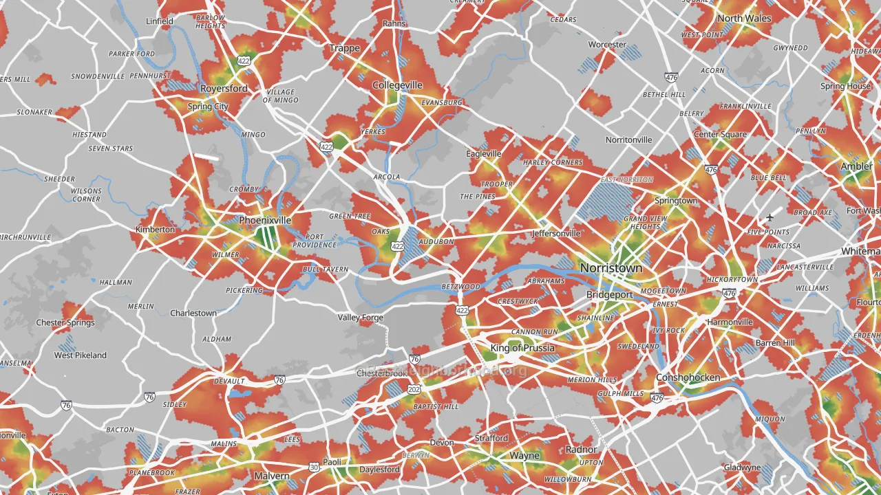 Walk Grade map of Audubon, PA, walkable areas in green and car-dependent areas in red