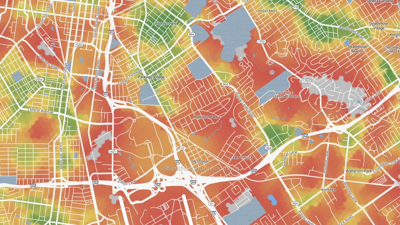 Walk Grade map of Audubon Park, KY, walkable areas in green and car-dependent areas in red