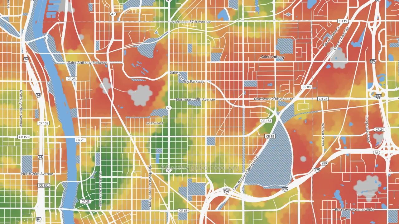 Walk Grade map of Audubon Park, Minneapolis, MN, walkable areas in green and car-dependent areas in red