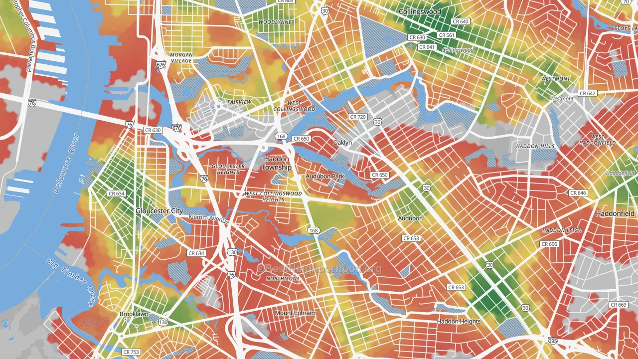 Walk Grade map of Audubon Park, NJ, walkable areas in green and car-dependent areas in red