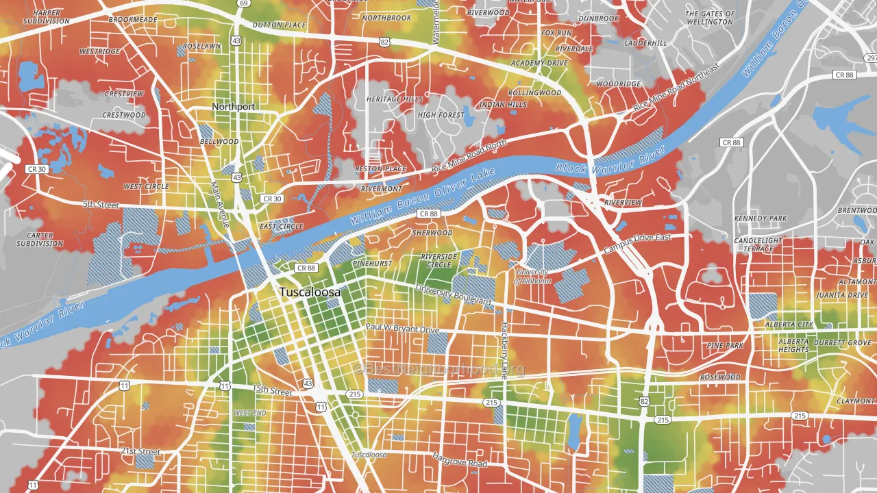 Walk Grade map of Audubon Place, Tuscaloosa, AL, walkable areas in green and car-dependent areas in red