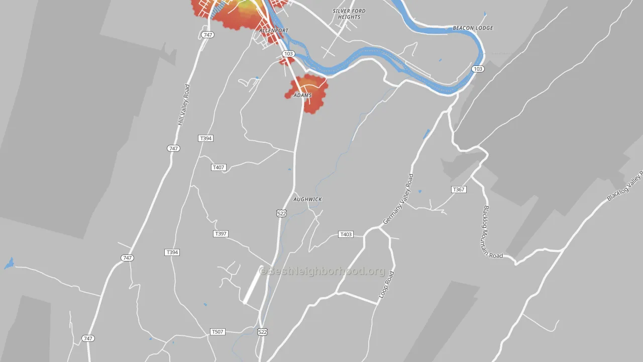 Walk Grade map of Aughwick, PA, walkable areas in green and car-dependent areas in red