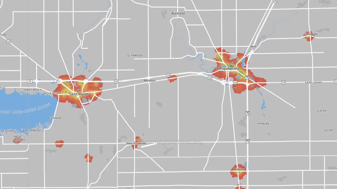 Walk Grade map of Auglaize County, OH, walkable areas in green and car-dependent areas in red