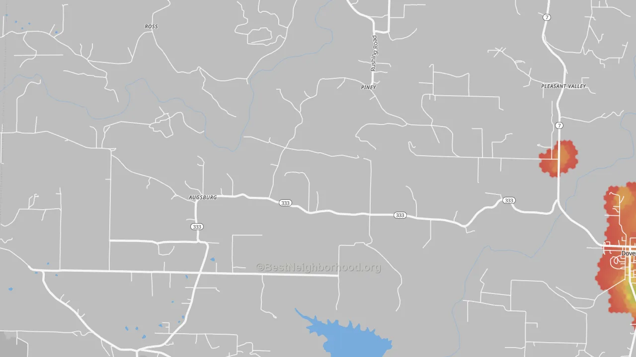 Walk Grade map of Augsburg, AR, walkable areas in green and car-dependent areas in red