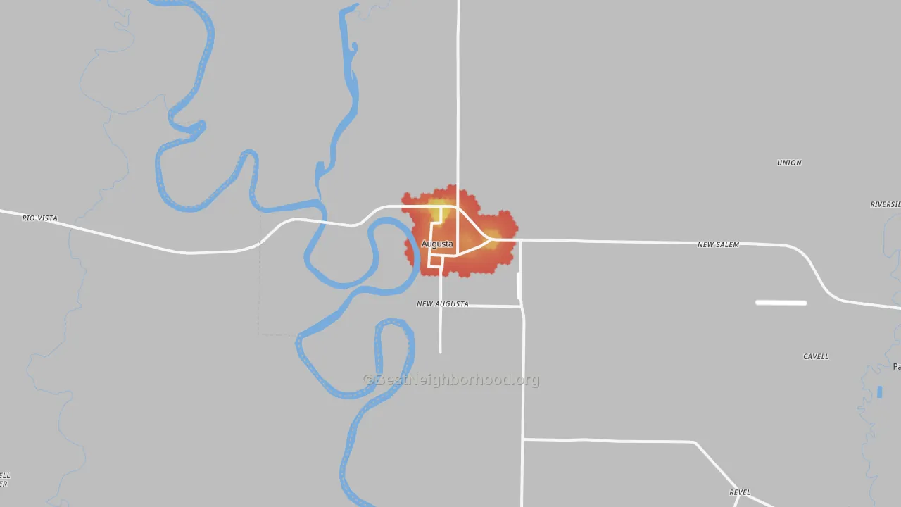 Walk Grade map of Augusta, AR, walkable areas in green and car-dependent areas in red