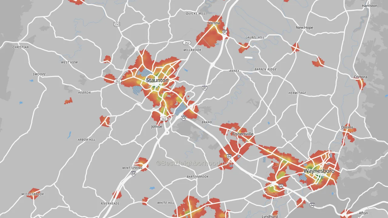 Walk Grade map of Augusta County, VA, walkable areas in green and car-dependent areas in red