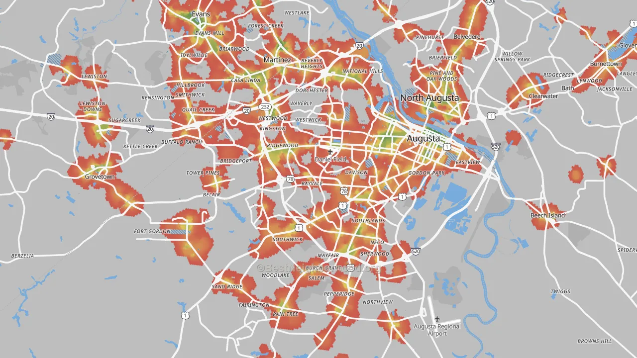 Walk Grade map of Augusta, GA, walkable areas in green and car-dependent areas in red