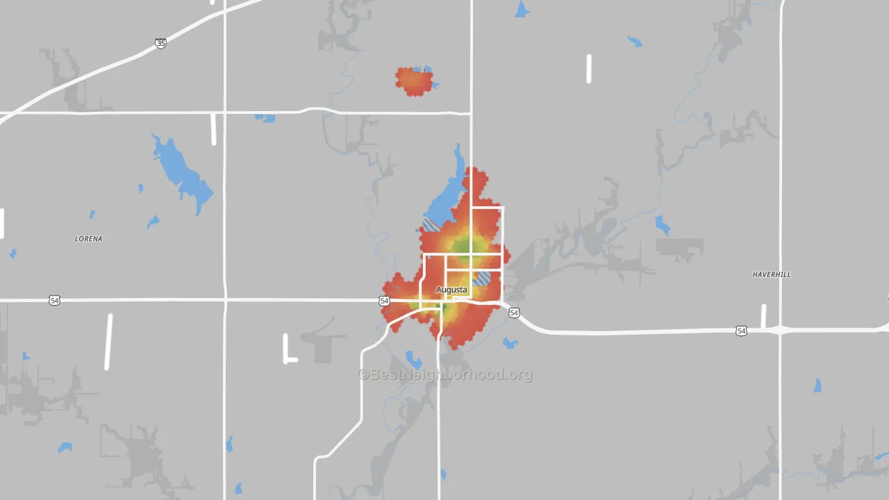 Walk Grade map of Augusta, KS, walkable areas in green and car-dependent areas in red
