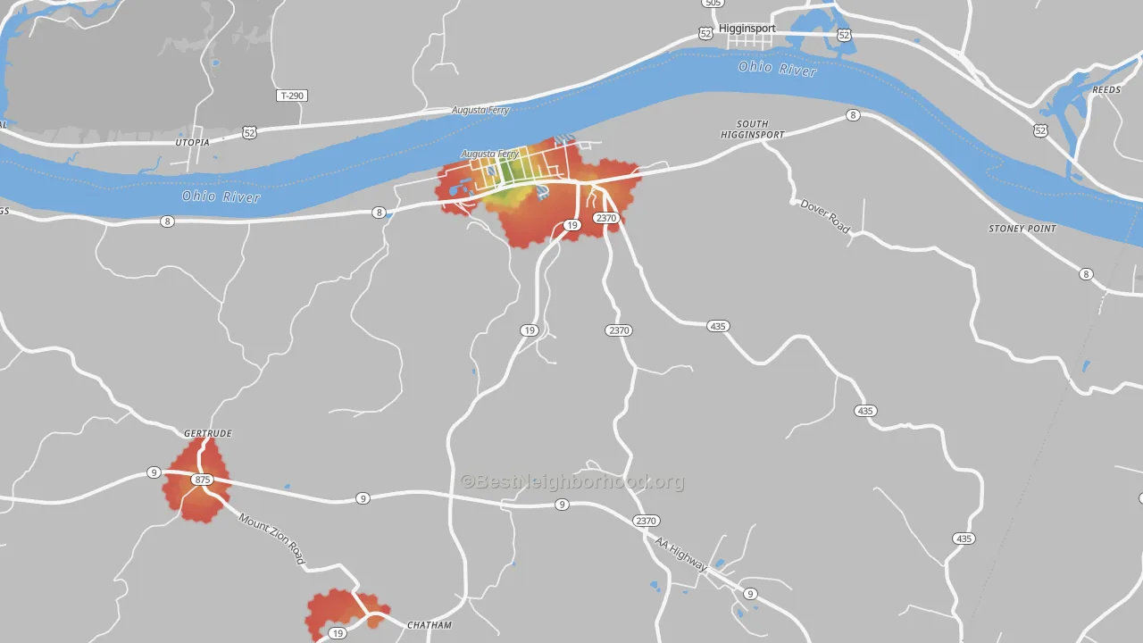 Walk Grade map of Augusta, KY, walkable areas in green and car-dependent areas in red