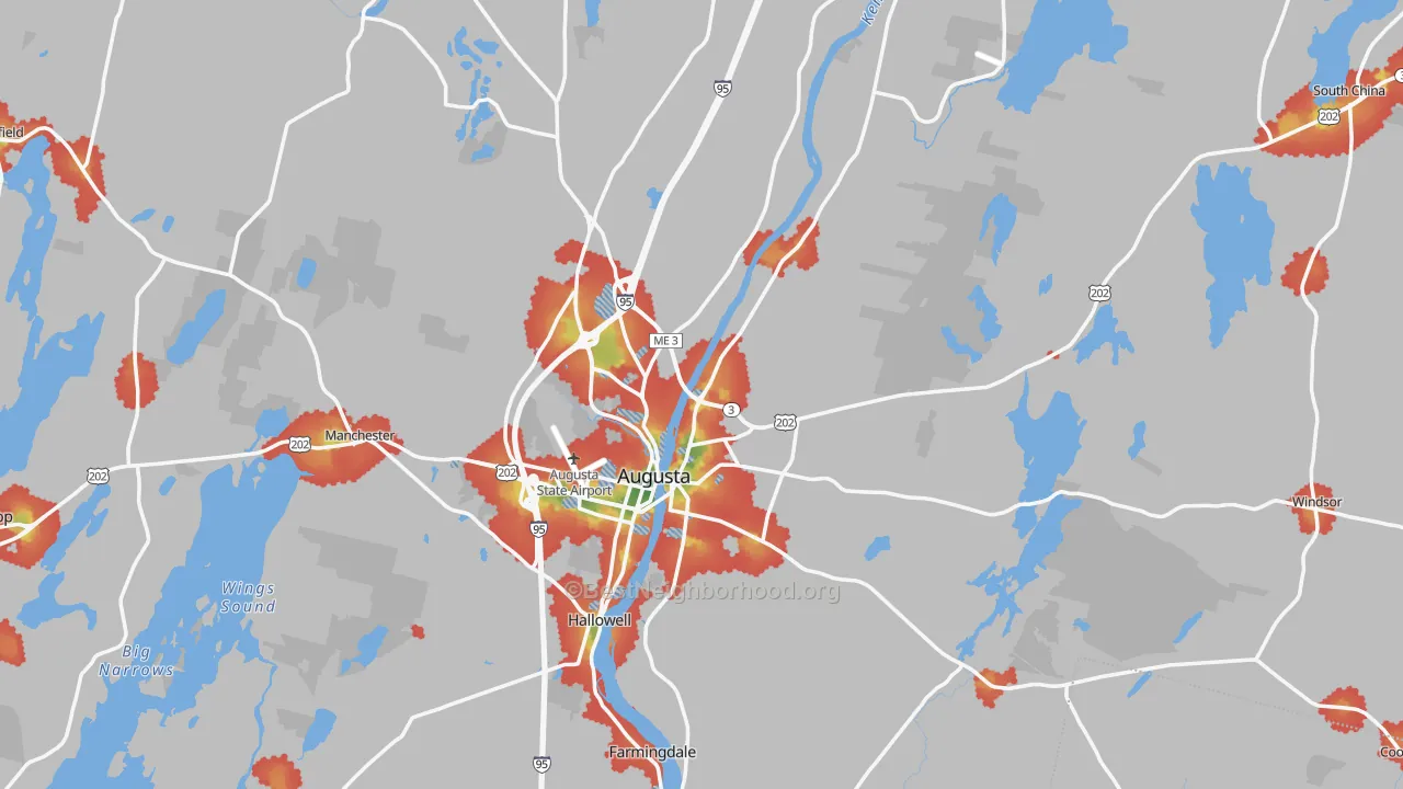 Walk Grade map of Augusta, ME, walkable areas in green and car-dependent areas in red