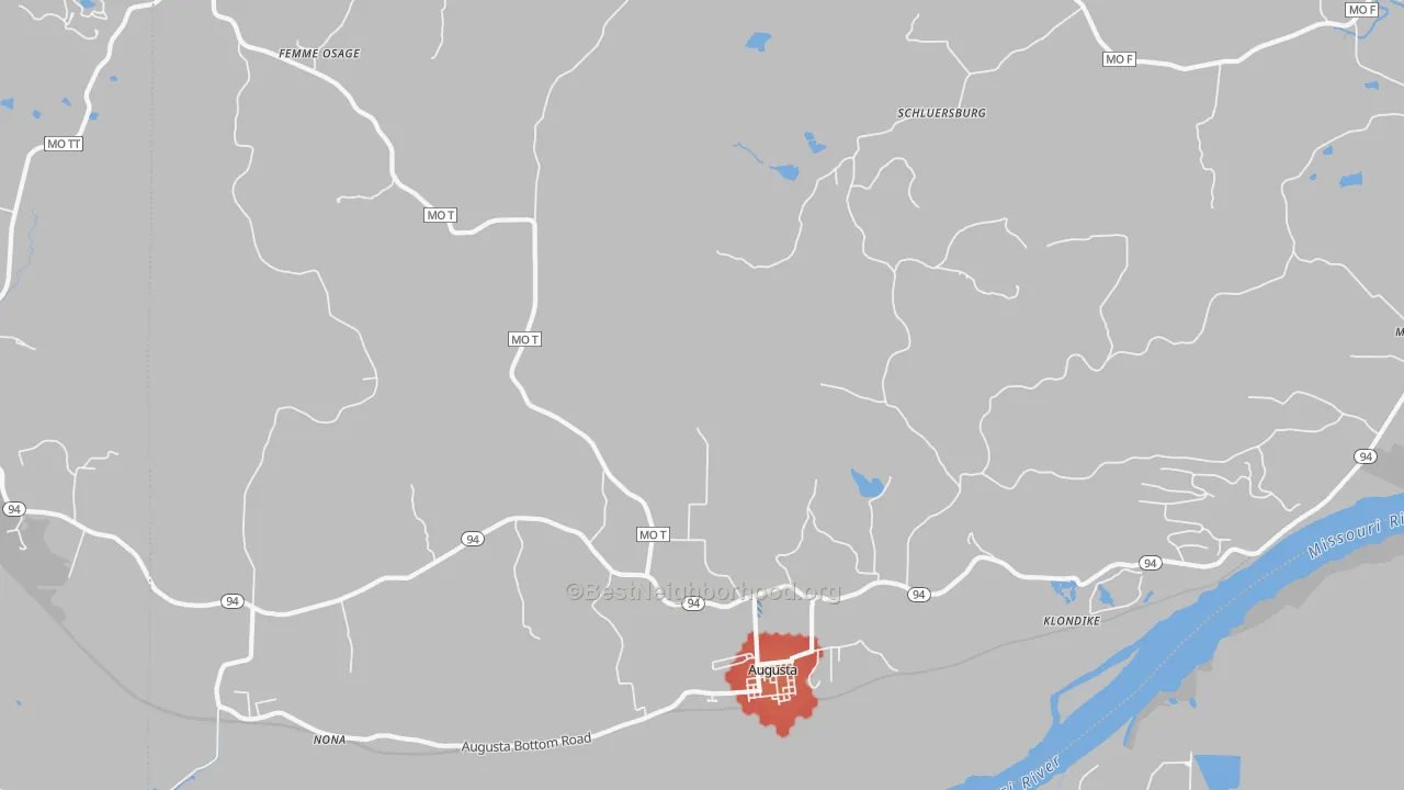 Walk Grade map of Augusta, MO, walkable areas in green and car-dependent areas in red