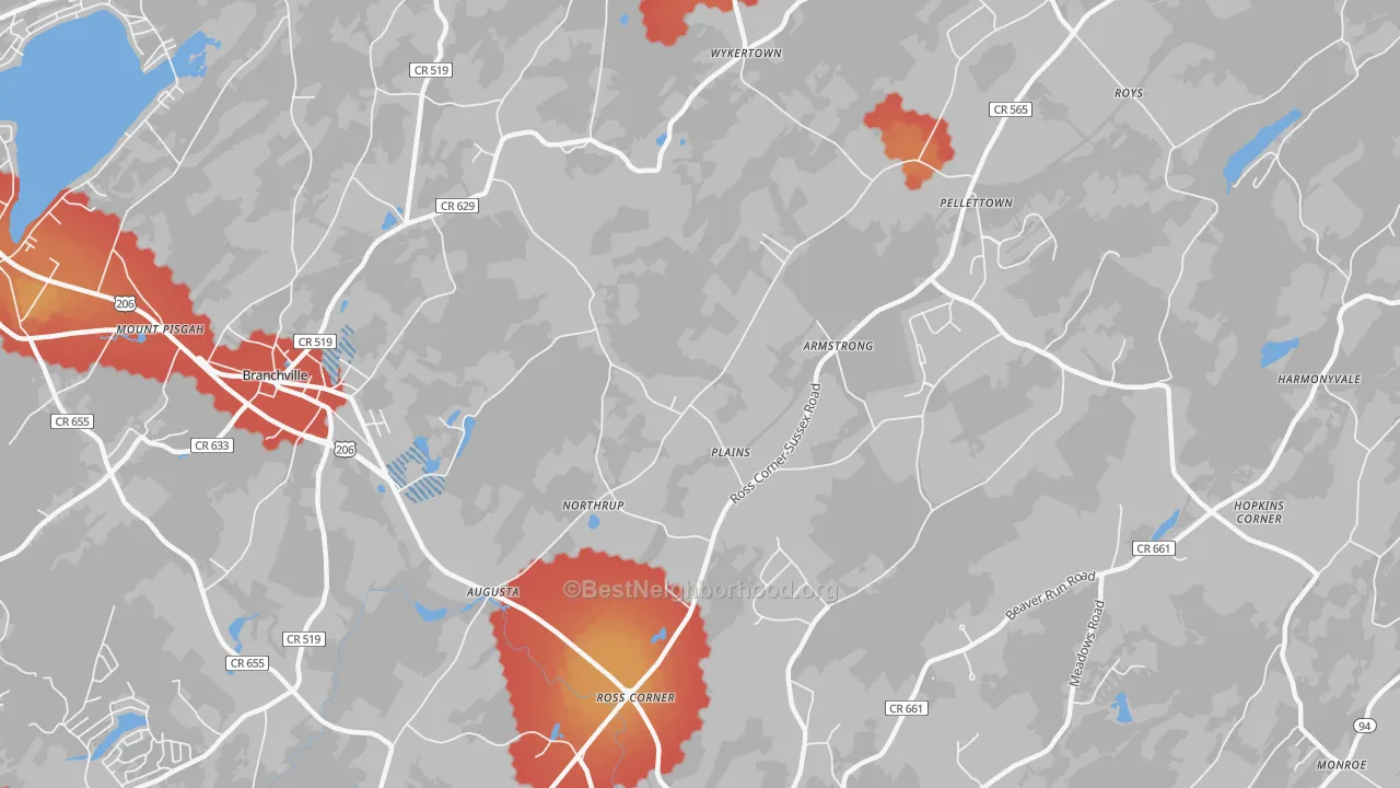 Walk Grade map of Augusta, NJ, walkable areas in green and car-dependent areas in red