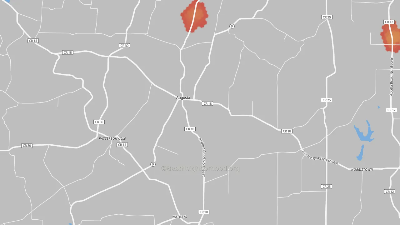 Walk Grade map of Augusta, OH, walkable areas in green and car-dependent areas in red
