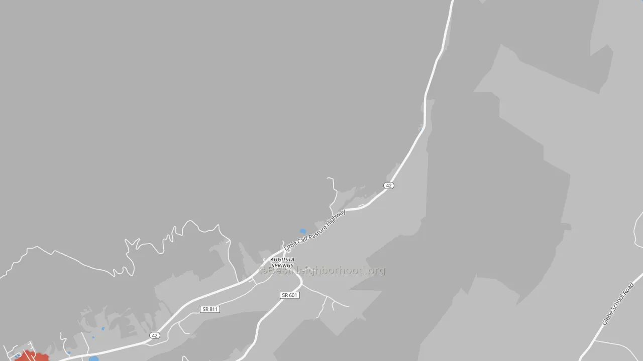 Walk Grade map of Augusta Springs, VA, walkable areas in green and car-dependent areas in red
