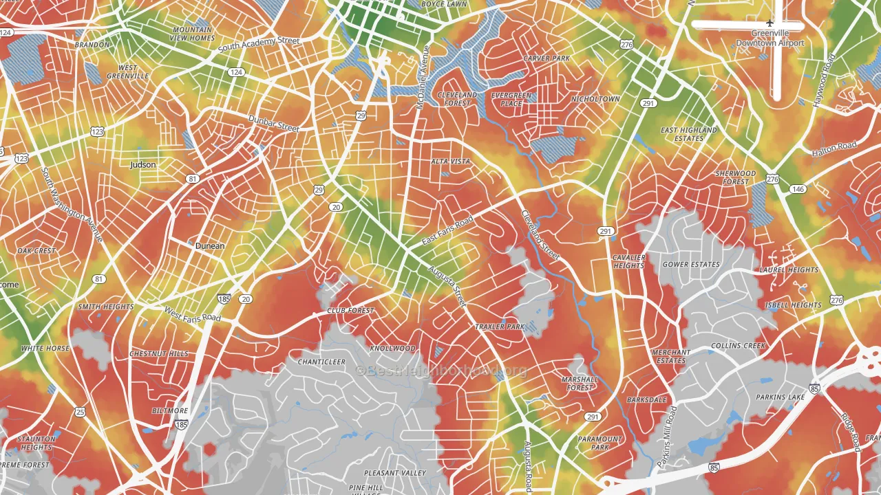 Walk Grade map of Augusta Street Area, Greenville, SC, walkable areas in green and car-dependent areas in red