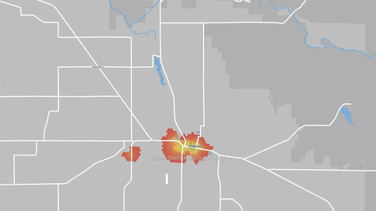 Walk Grade map of Augusta, WI, walkable areas in green and car-dependent areas in red