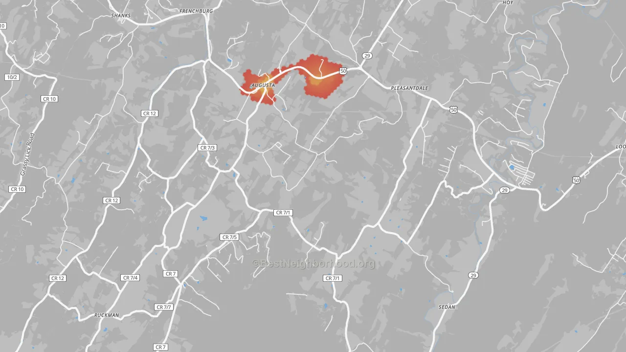 Walk Grade map of Augusta, WV, walkable areas in green and car-dependent areas in red