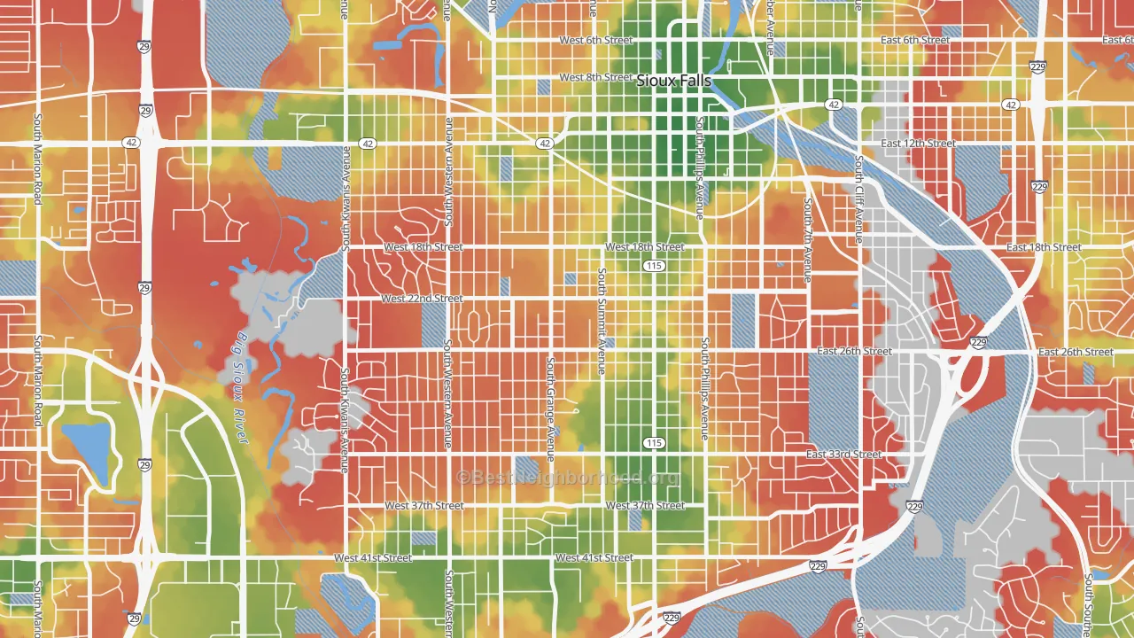 Walk Grade map of Augustana, Sioux Falls, SD, walkable areas in green and car-dependent areas in red