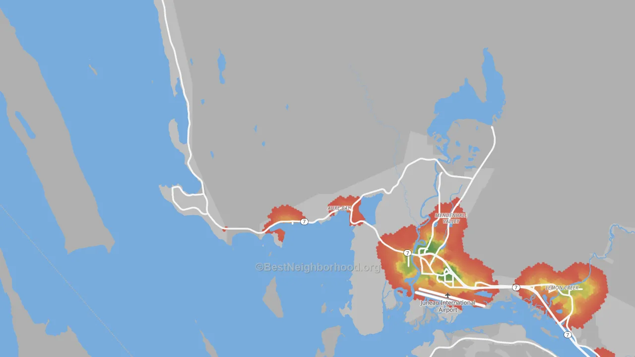 Walk Grade map of Auke Bay, AK, walkable areas in green and car-dependent areas in red