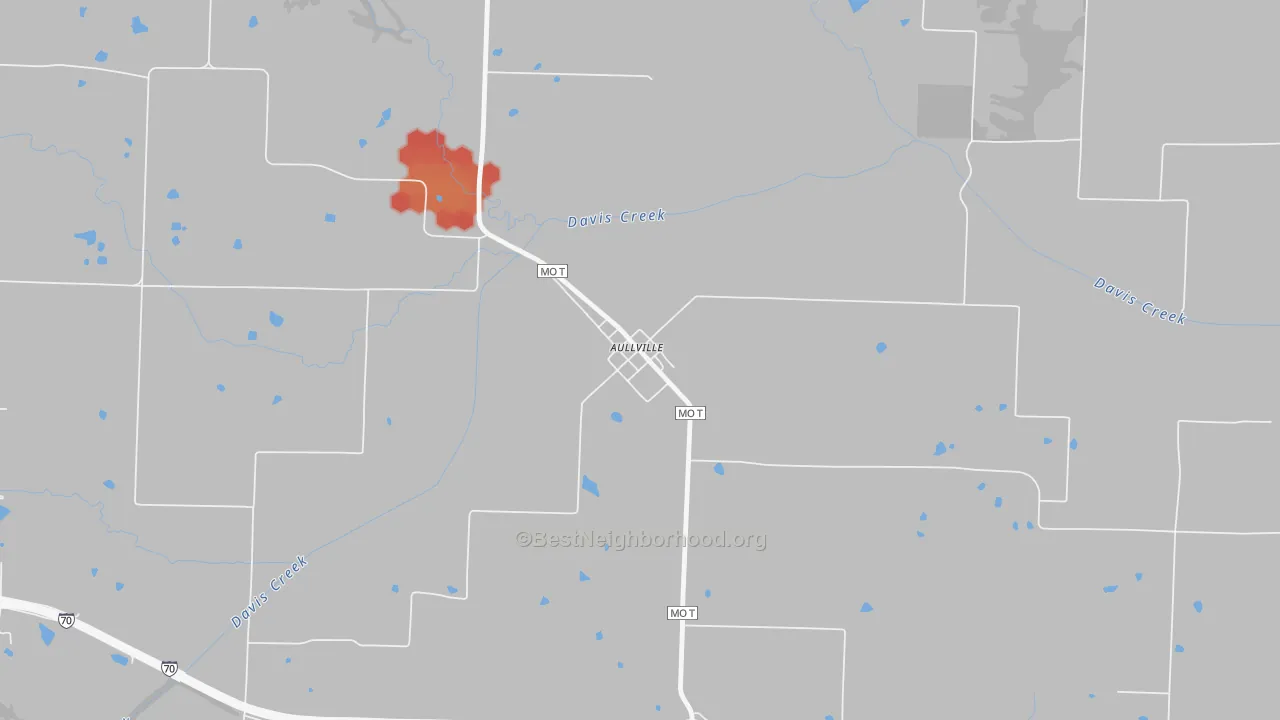 Walk Grade map of Aullville, MO, walkable areas in green and car-dependent areas in red