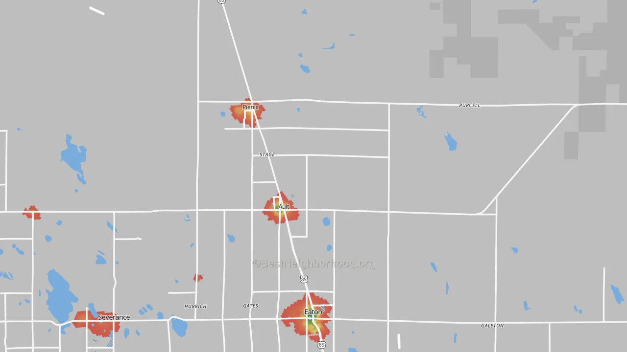 Walk Grade map of Ault, CO, walkable areas in green and car-dependent areas in red