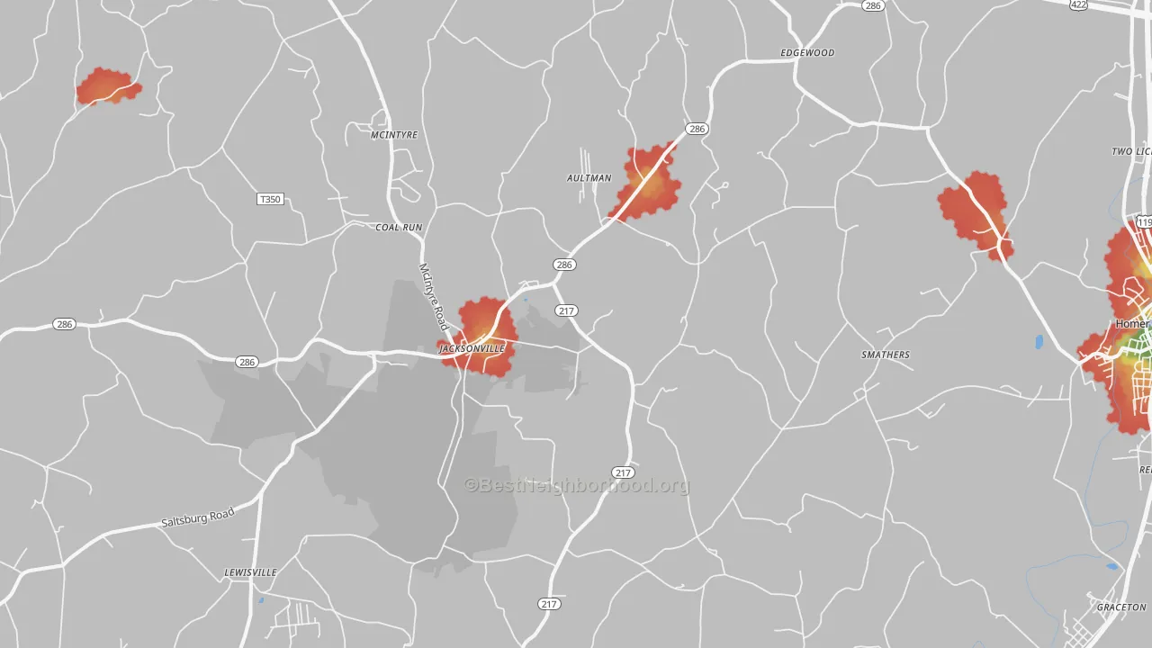 Walk Grade map of Aultman, PA, walkable areas in green and car-dependent areas in red