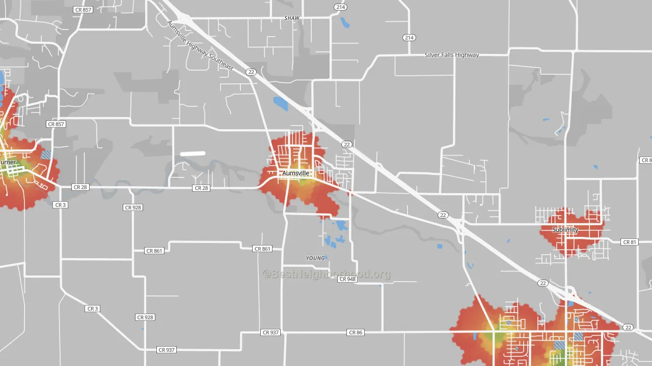 Walk Grade map of Aumsville, OR, walkable areas in green and car-dependent areas in red