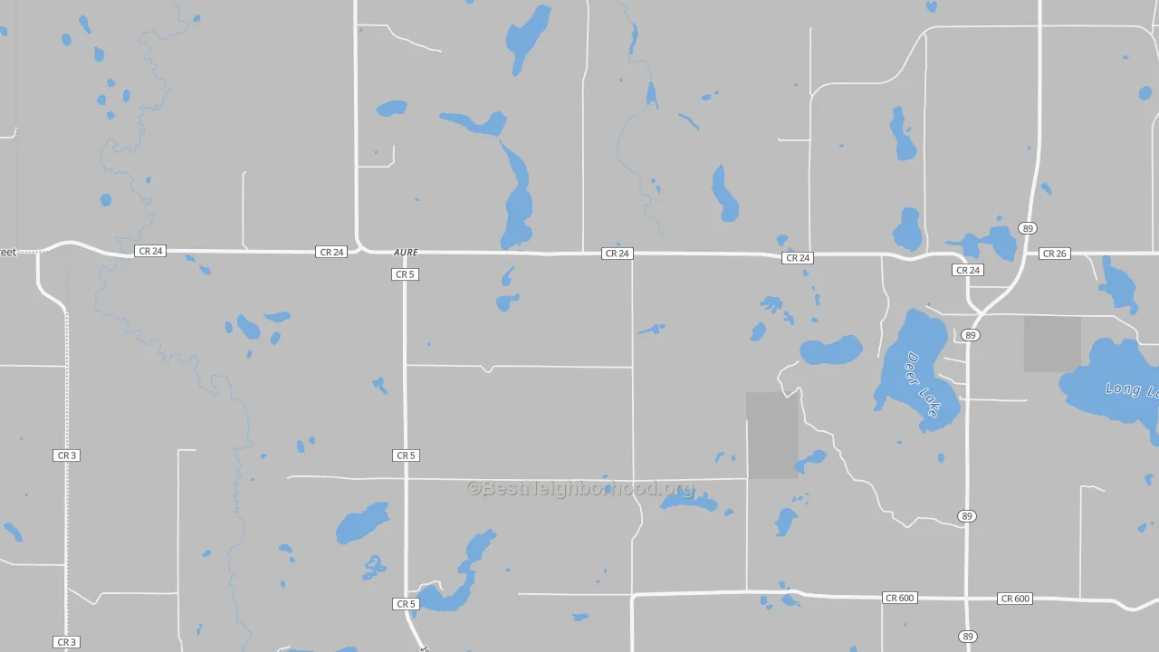 Walk Grade map of Aure, MN, walkable areas in green and car-dependent areas in red