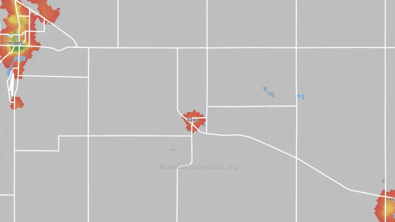 Walk Grade map of Aurelia, IA, walkable areas in green and car-dependent areas in red