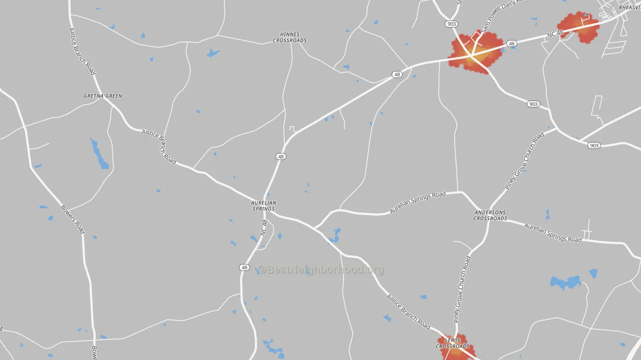 Walk Grade map of Aurelian Springs, NC, walkable areas in green and car-dependent areas in red