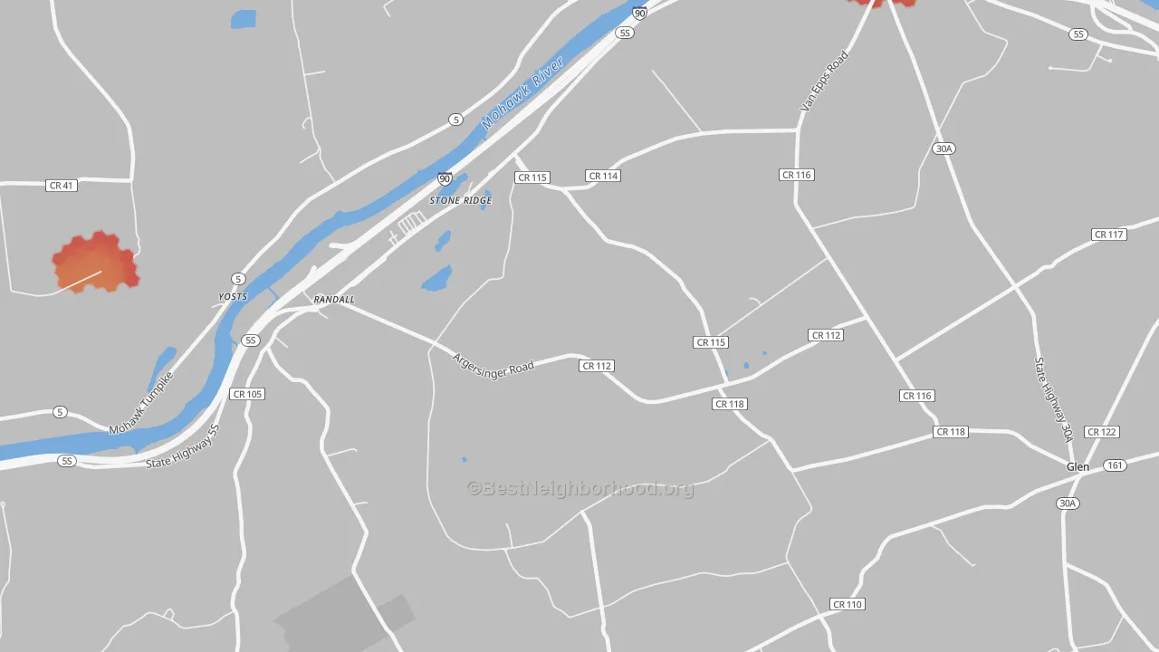 Walk Grade map of Auriesville, NY, walkable areas in green and car-dependent areas in red