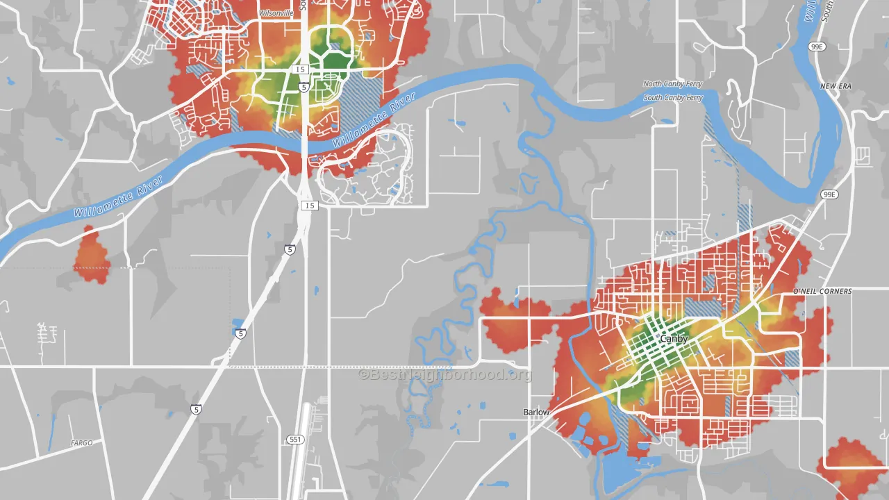 Walk Grade map of Aurora-Butteville-Barlow, Canby, OR, walkable areas in green and car-dependent areas in red