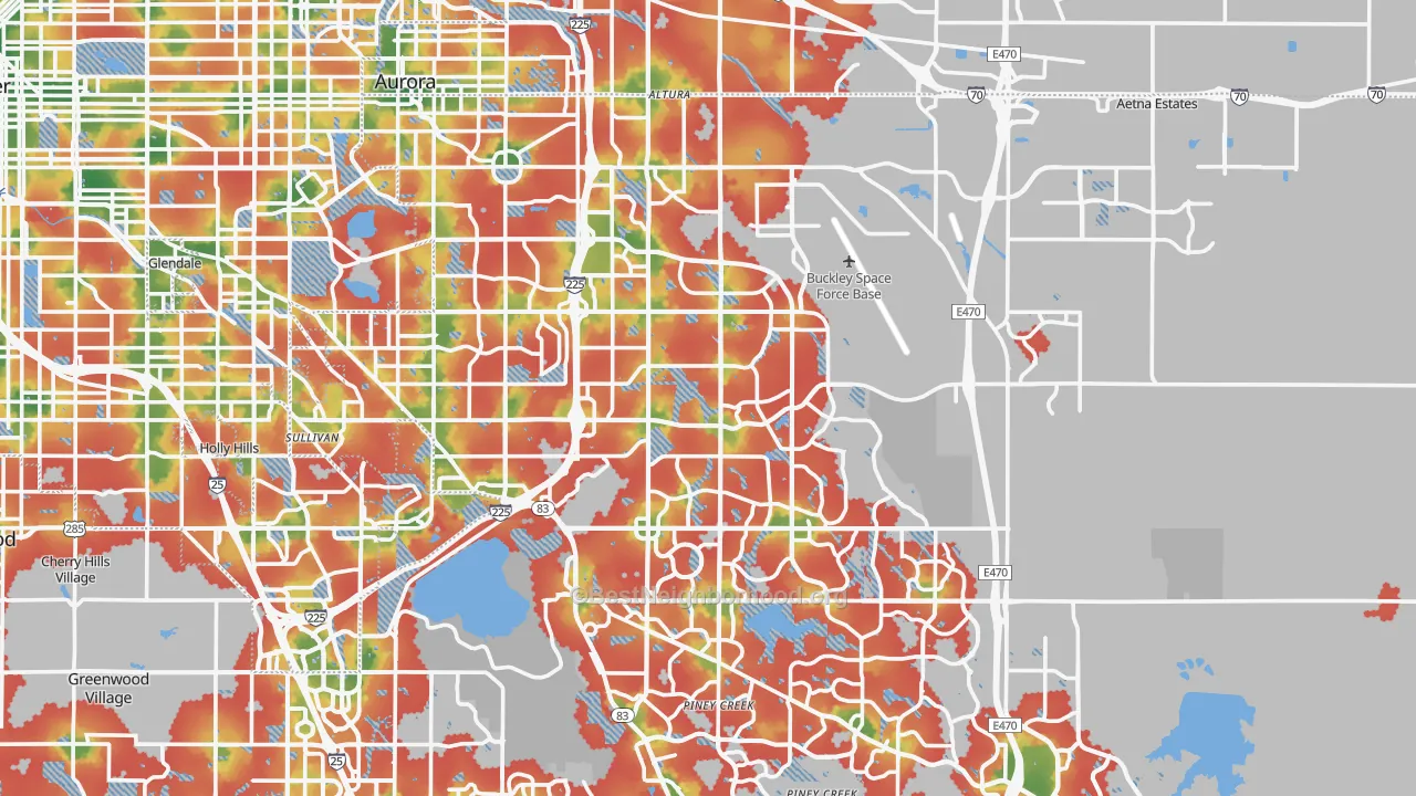 Walk Grade map of Aurora, CO, walkable areas in green and car-dependent areas in red