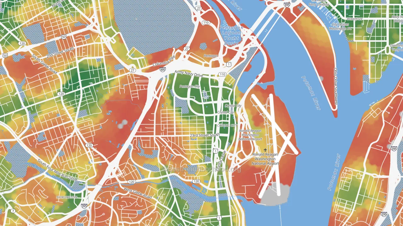 Walk Grade map of Aurora Highlands, Arlington, VA, walkable areas in green and car-dependent areas in red
