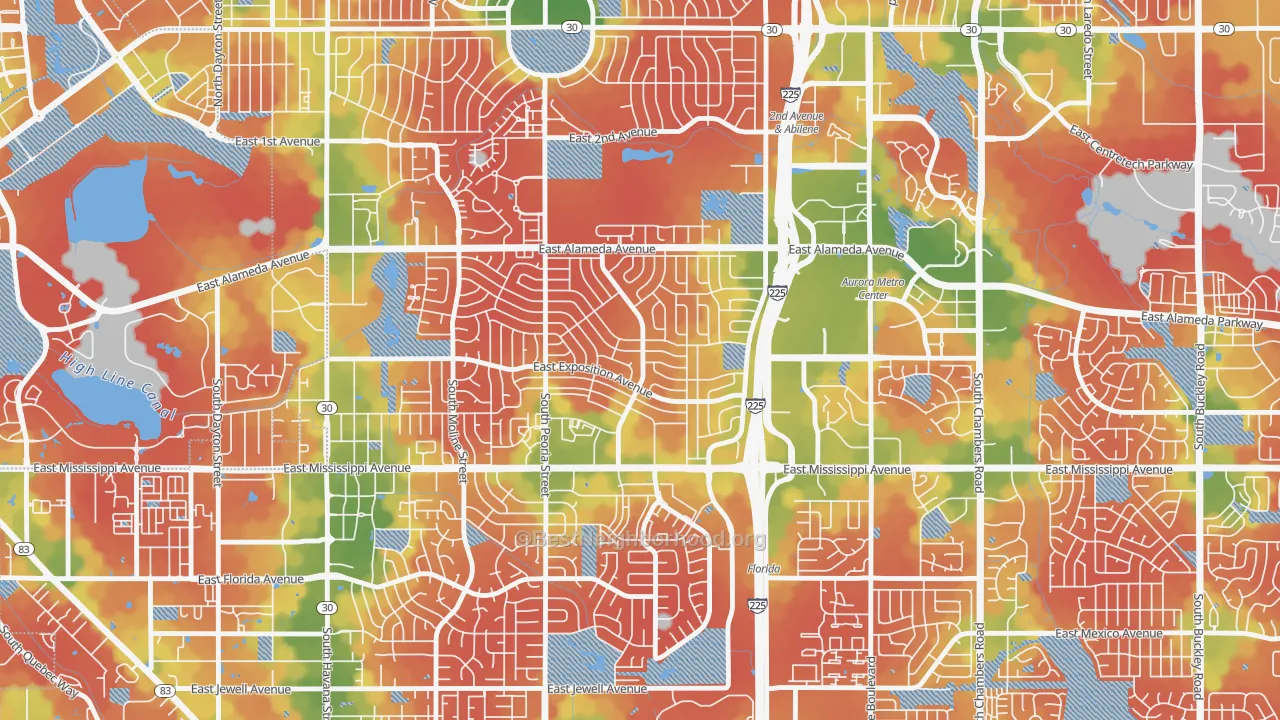 Walk Grade map of Aurora Hills, Aurora, CO, walkable areas in green and car-dependent areas in red