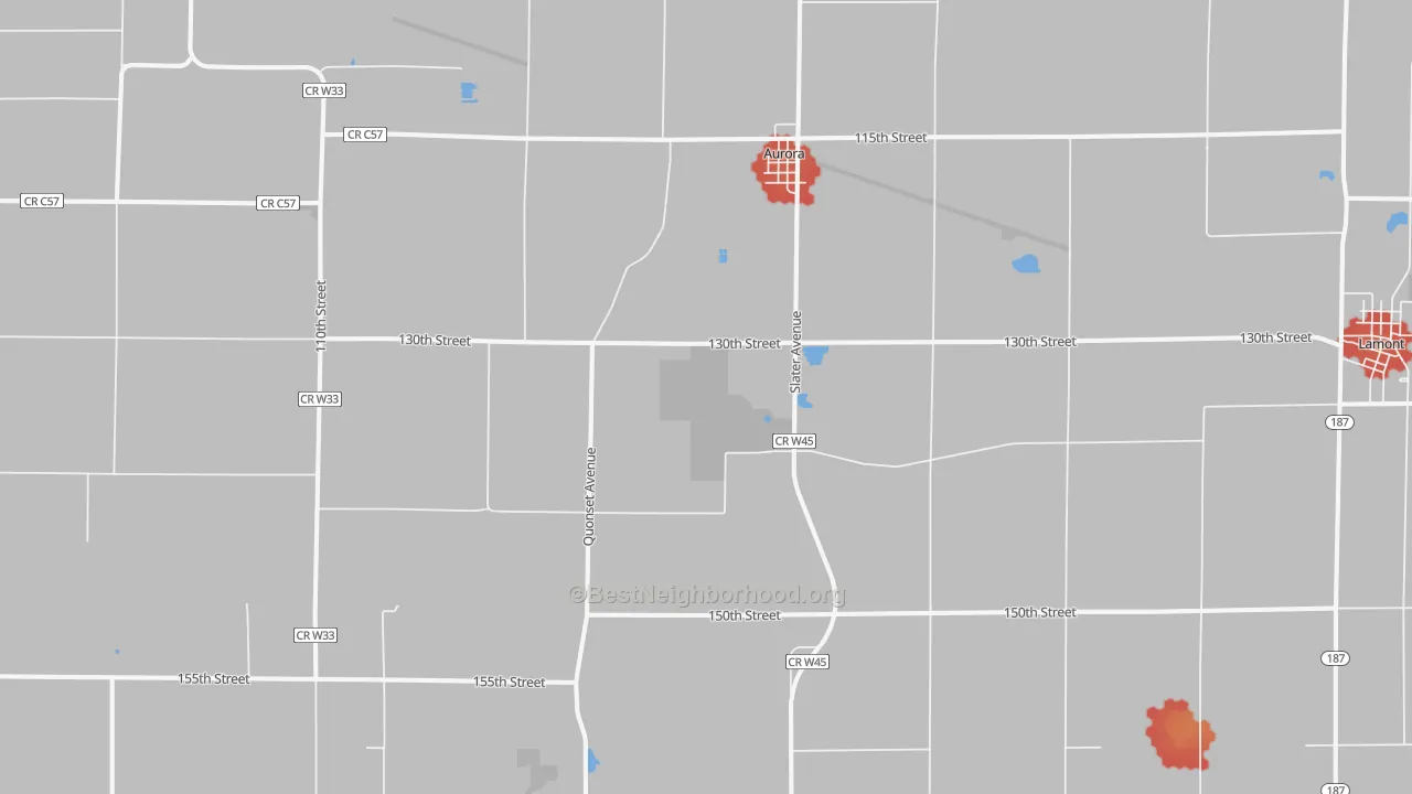 Walk Grade map of Aurora, IA, walkable areas in green and car-dependent areas in red