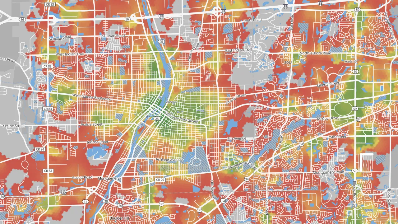 Walk Grade map of Aurora, IL, walkable areas in green and car-dependent areas in red