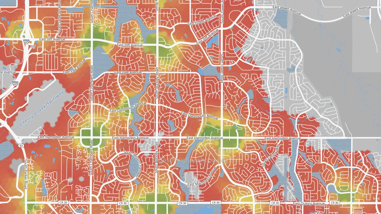 Walk Grade map of Aurora Knolls-Hutchinson Heights, Aurora, CO, walkable areas in green and car-dependent areas in red