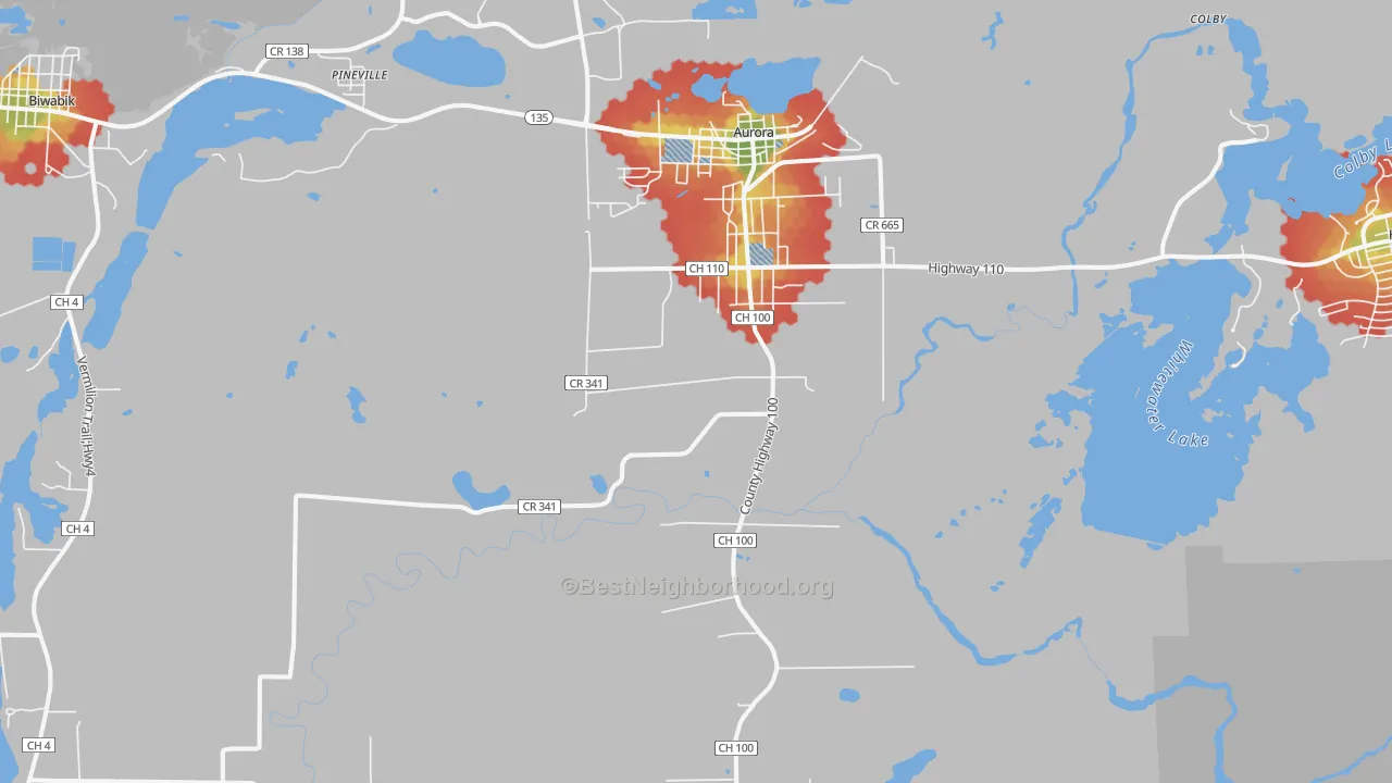 Walk Grade map of Aurora, MN, walkable areas in green and car-dependent areas in red