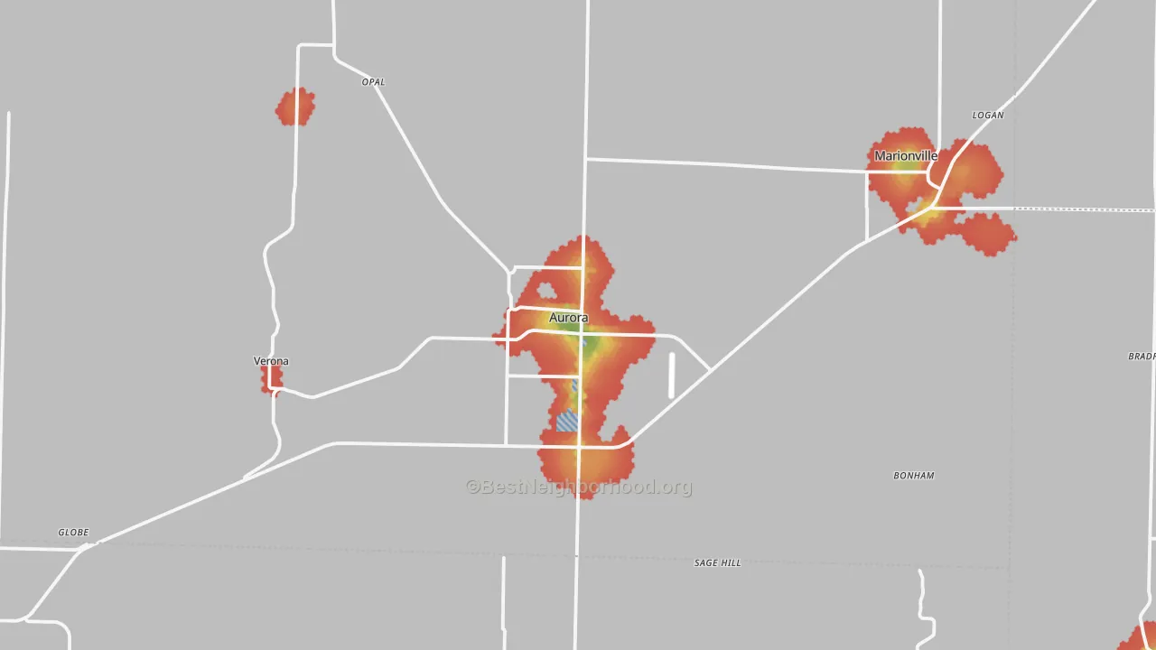 Walk Grade map of Aurora, MO, walkable areas in green and car-dependent areas in red