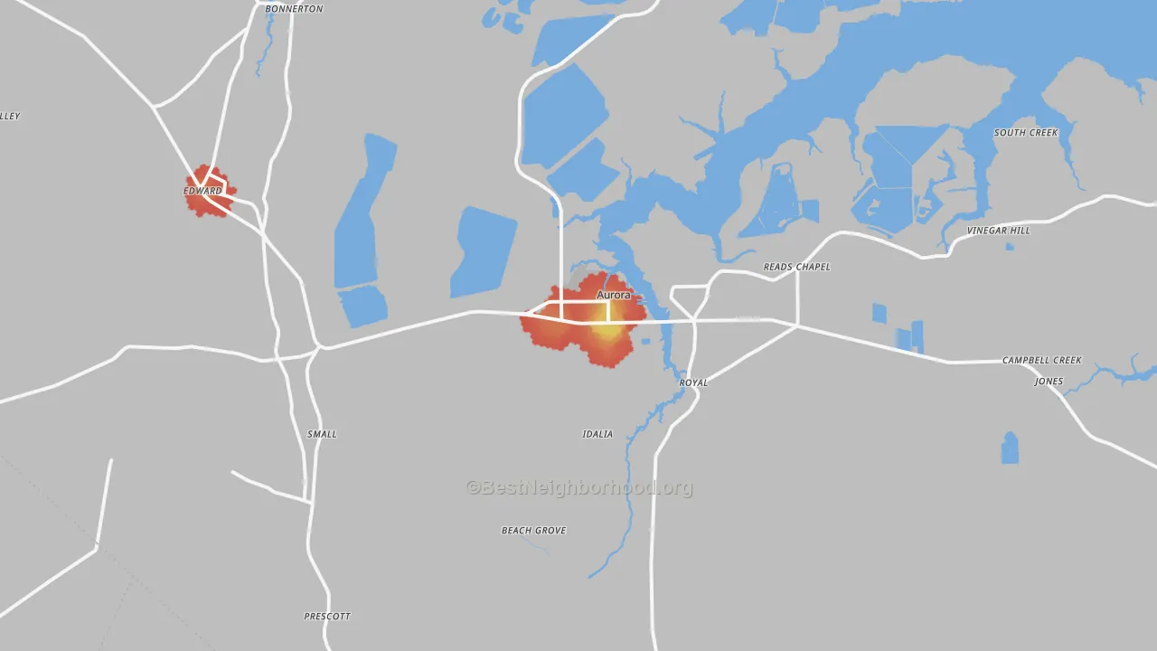 Walk Grade map of Aurora, NC, walkable areas in green and car-dependent areas in red