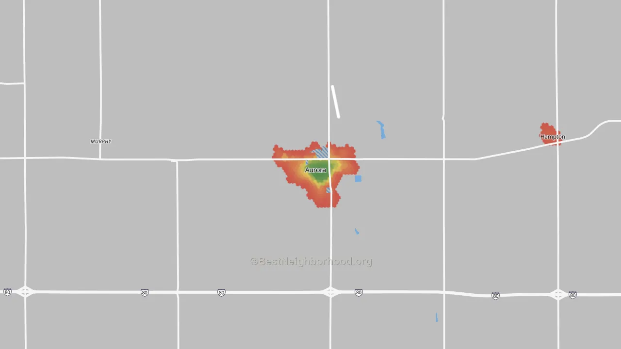 Walk Grade map of Aurora, NE, walkable areas in green and car-dependent areas in red